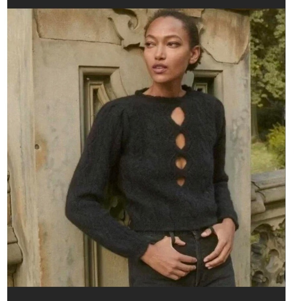 DOEN Francine Black Baby Alpaca Wool Cutout Cable Knit Sweater Puff Sleeve-‎ XXL